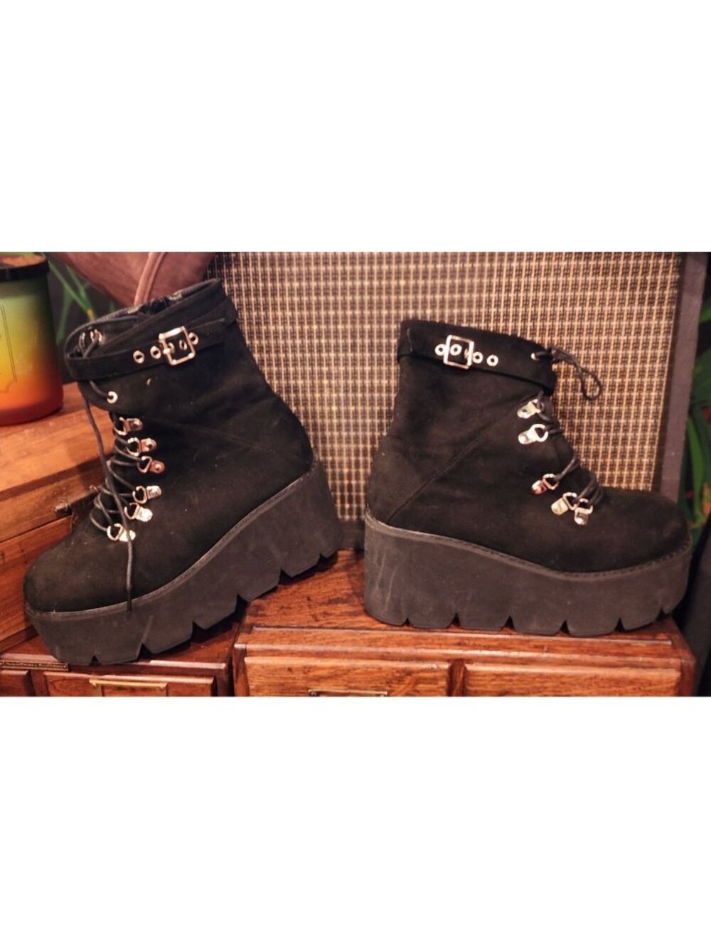 Black Platform Lace-Up Boots With Zippers & Buckle Strap. Women's SIze 9
